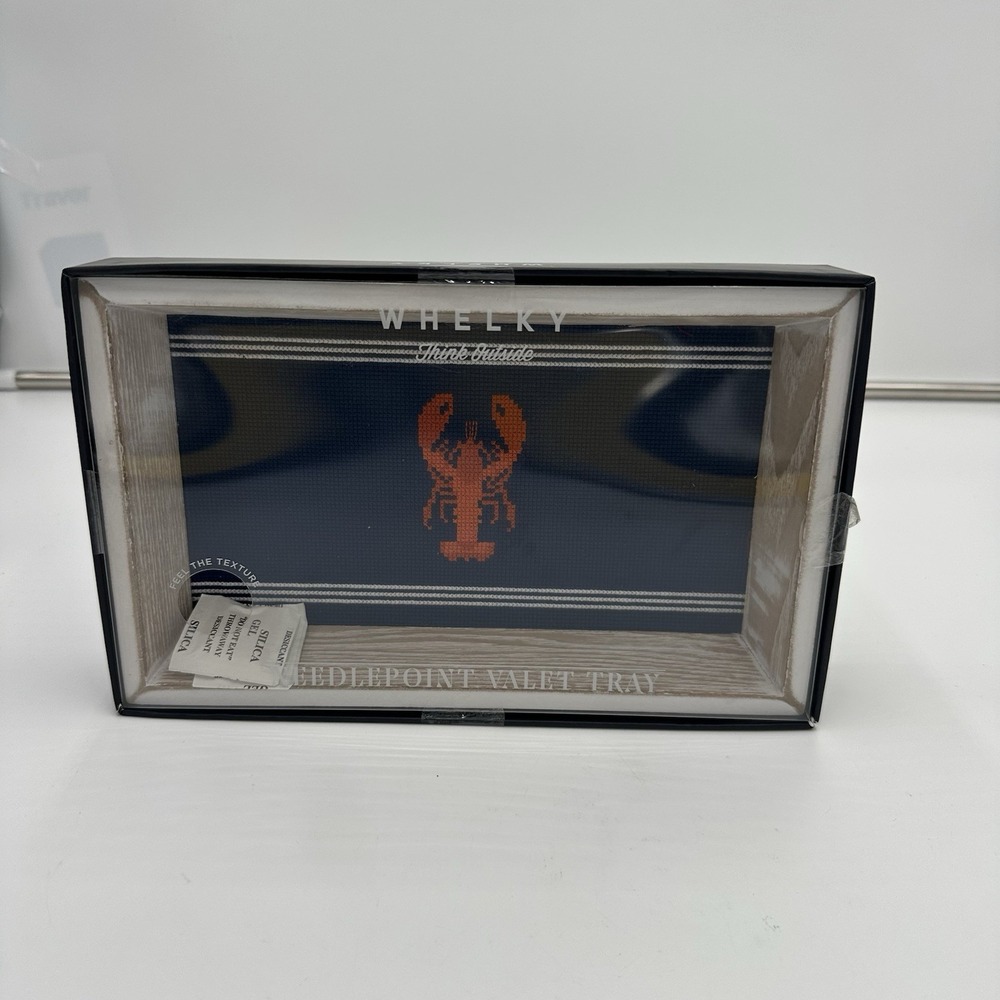 Whelky Navy Needlepoint Valet Tray Orange Lobster Nautical Wood Jewelry Tray NEW